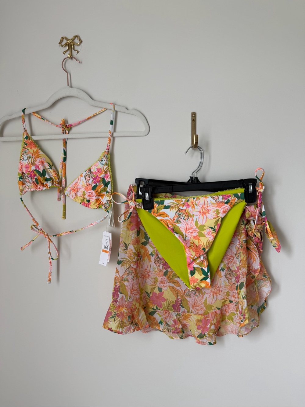 Floral Leopard Triangle chartreuse Bikini Set with sarong reversible swim set